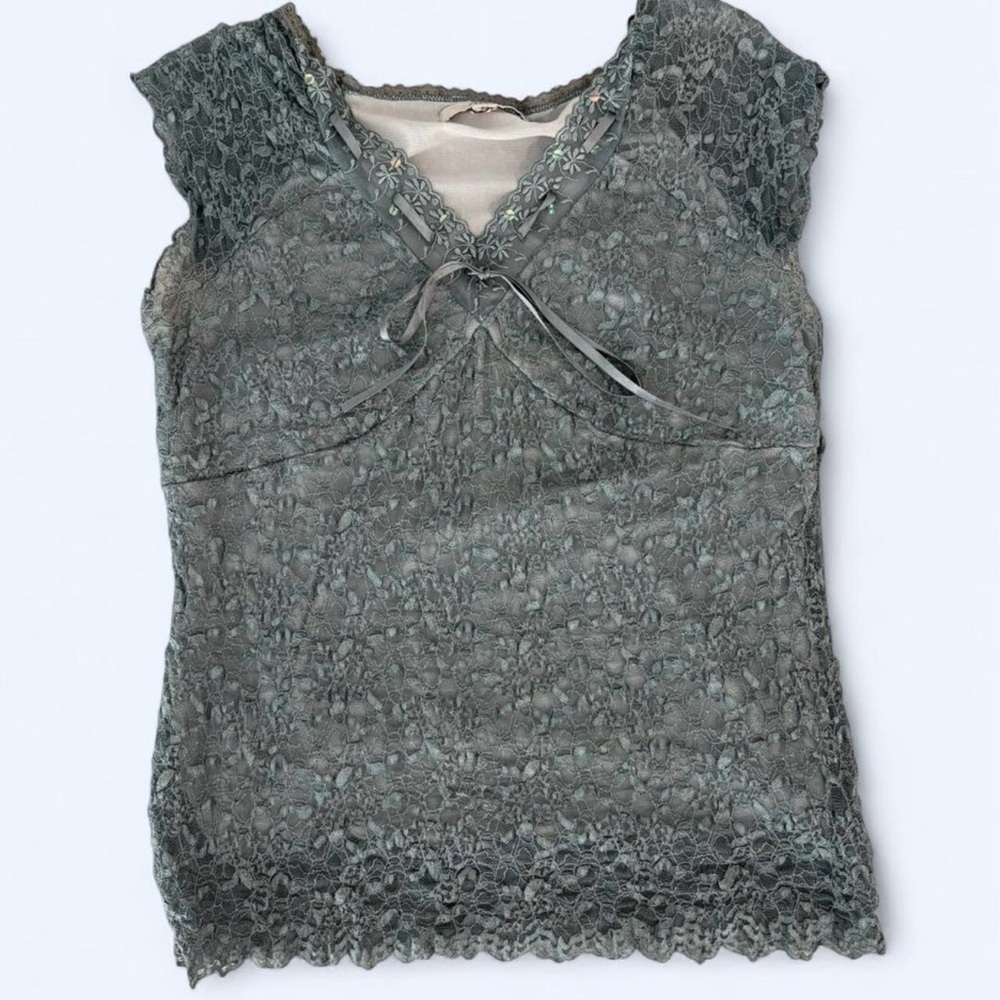Merona Blue Lace Cap-Sleeve V-Neck Top with Ribbon